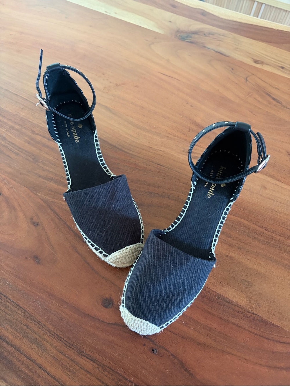 kate spade Black Canvas Espadrille Ankle-Strap Wedges with Natural Rope Toe SZ 7